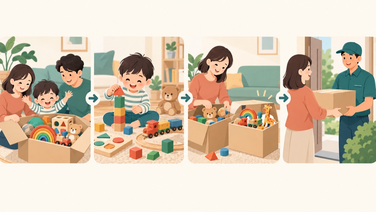 And TOYBOXのおもちゃを受け取り、遊び、次のおもちゃと交換し、返却するまでの4場面