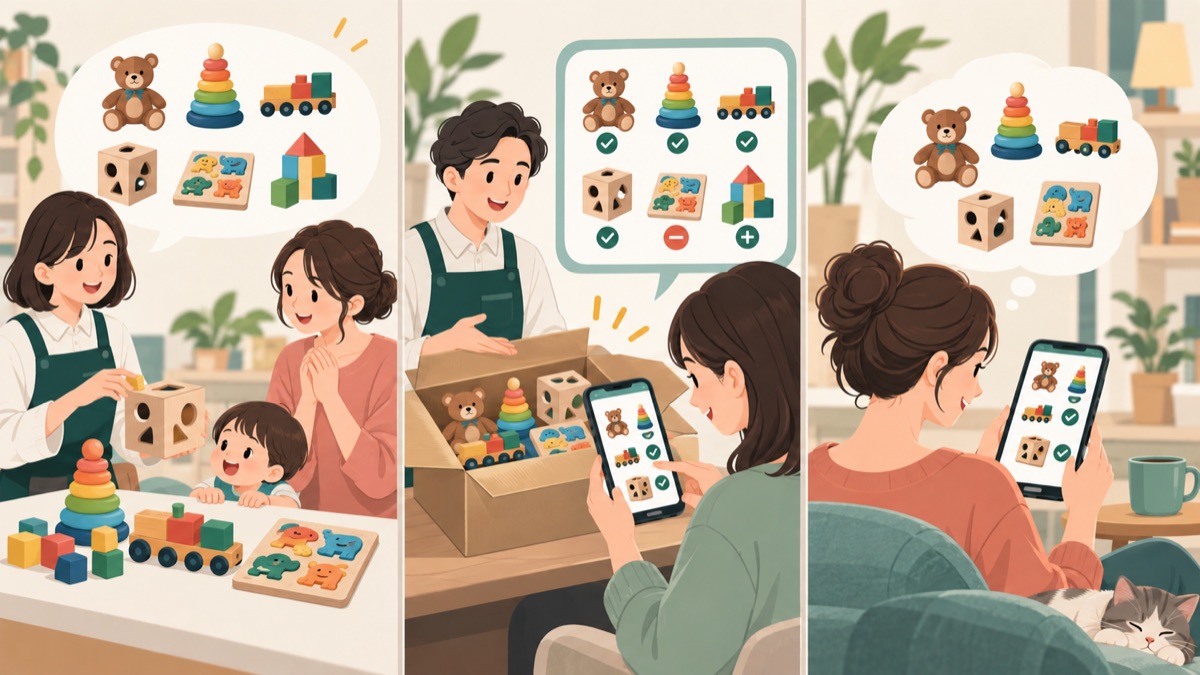 And TOYBOXの3コースを選ぶ場面のイラスト。プランナーに任せる、提案を確認する、自分で選ぶ