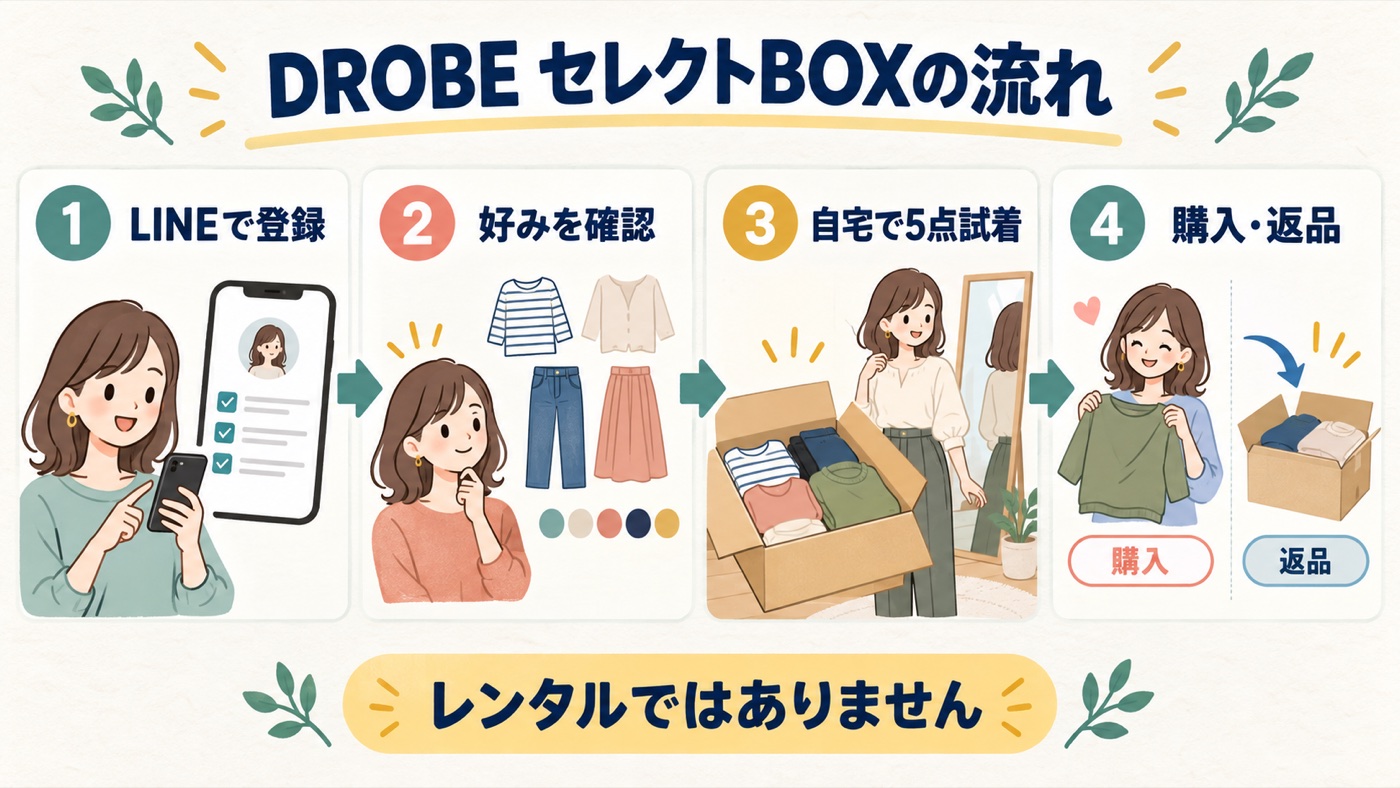 DROBEセレクトBOXの流れ|LINE登録・好み確認・自宅試着・購入返品