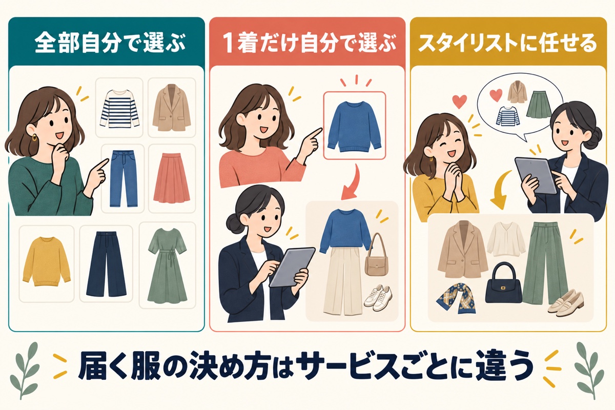 洋服レンタルの選び方3種類|全部自分で選ぶ・1着だけ選ぶ・スタイリストに任せる