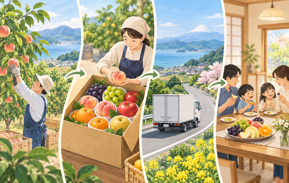 果樹園で収穫された旬の果物が選別され、配送されて家庭に届く流れのイラスト