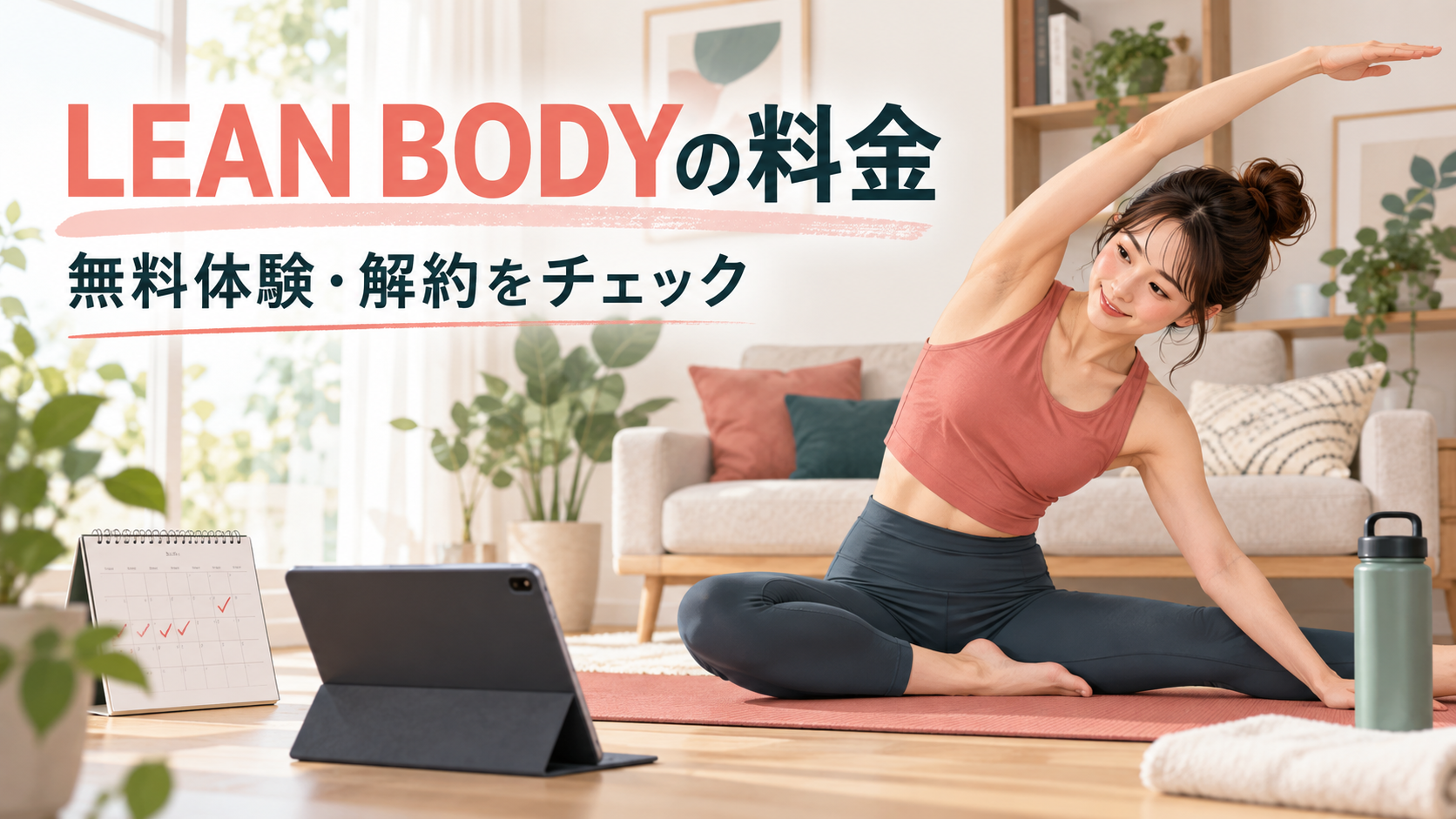 自宅でLEAN BODYのレッスンを受ける女性と料金・無料体験・解約を確認する見出し