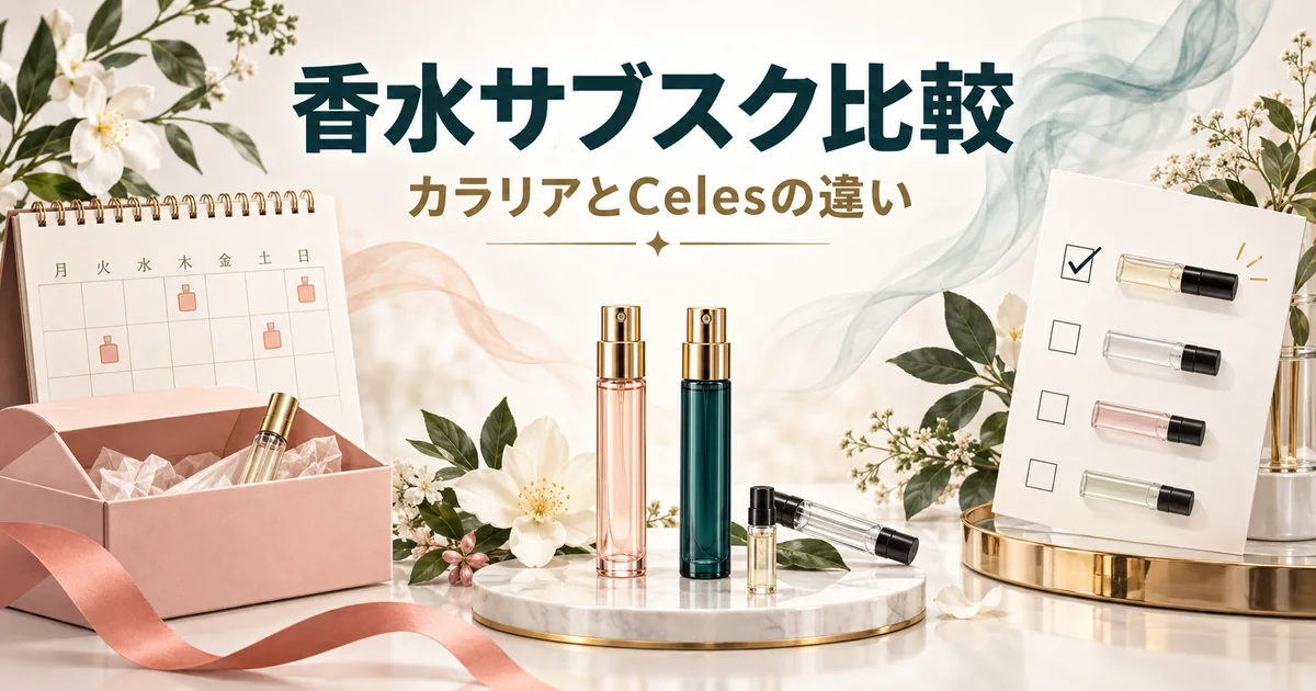 香水サブスクのカラリアとCelesの違いを示す、定期便ボックスと香水サンプルのオリジナル画像