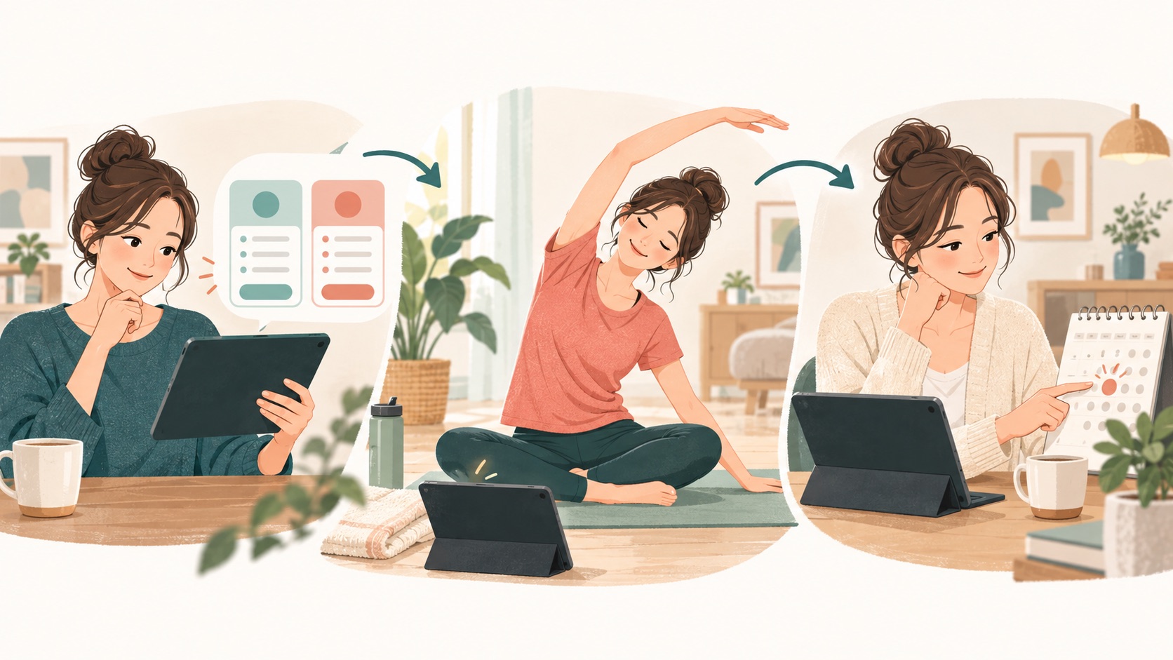 プランを比べる、自宅でレッスンを試す、更新日を確認する3ステップのイラスト