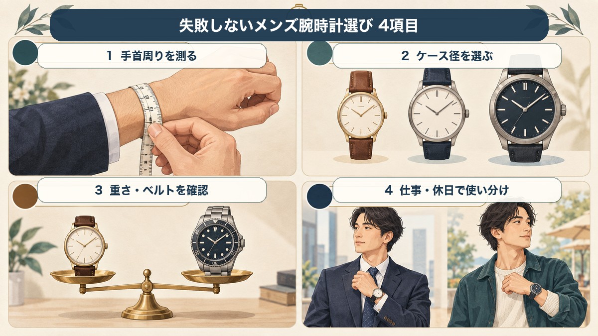 メンズ腕時計サブスクで確認したい手首周り・ケース径・重さとベルト・利用シーン