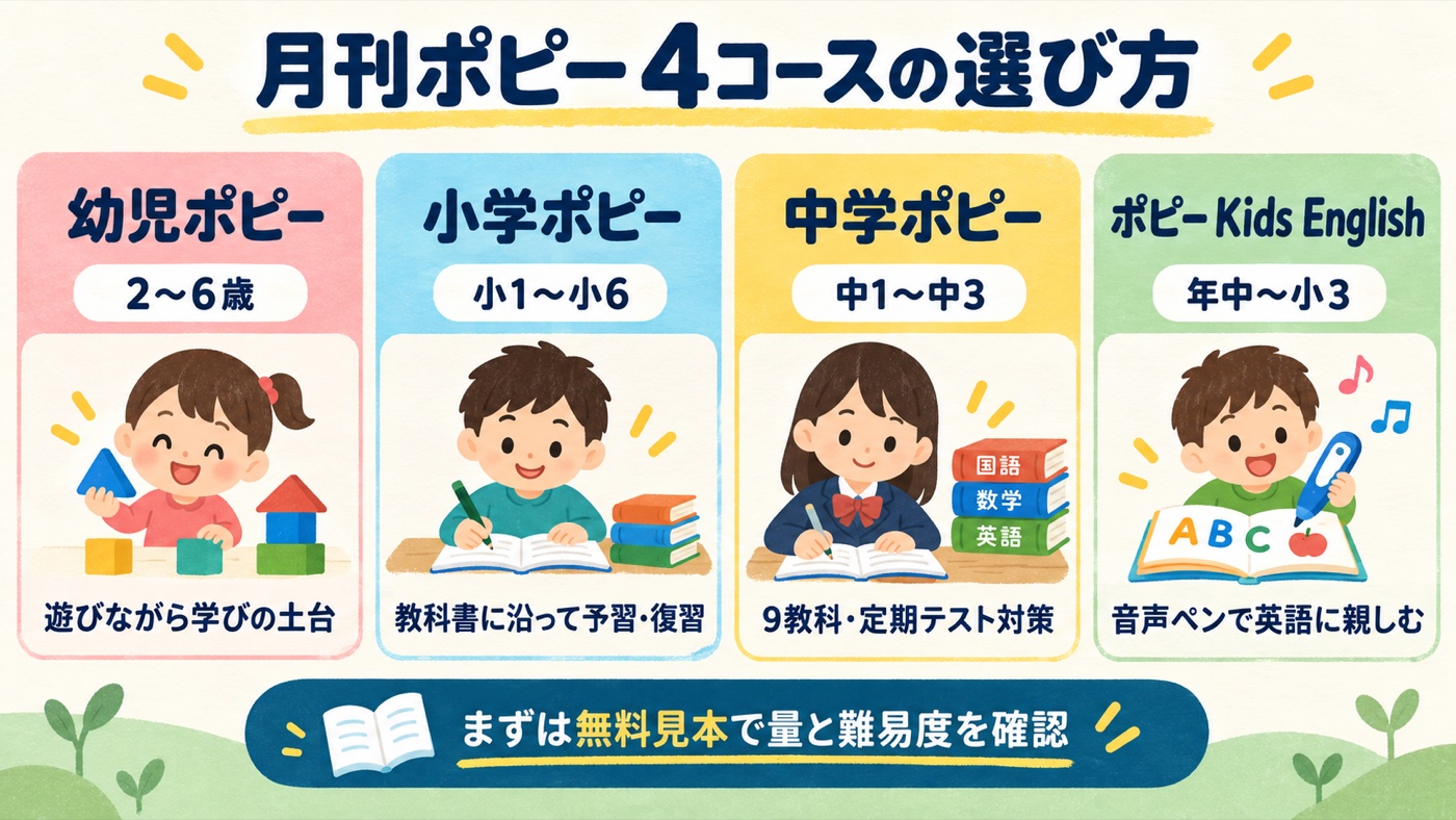 月刊ポピー4コースの選び方|幼児・小学・中学・Kids English