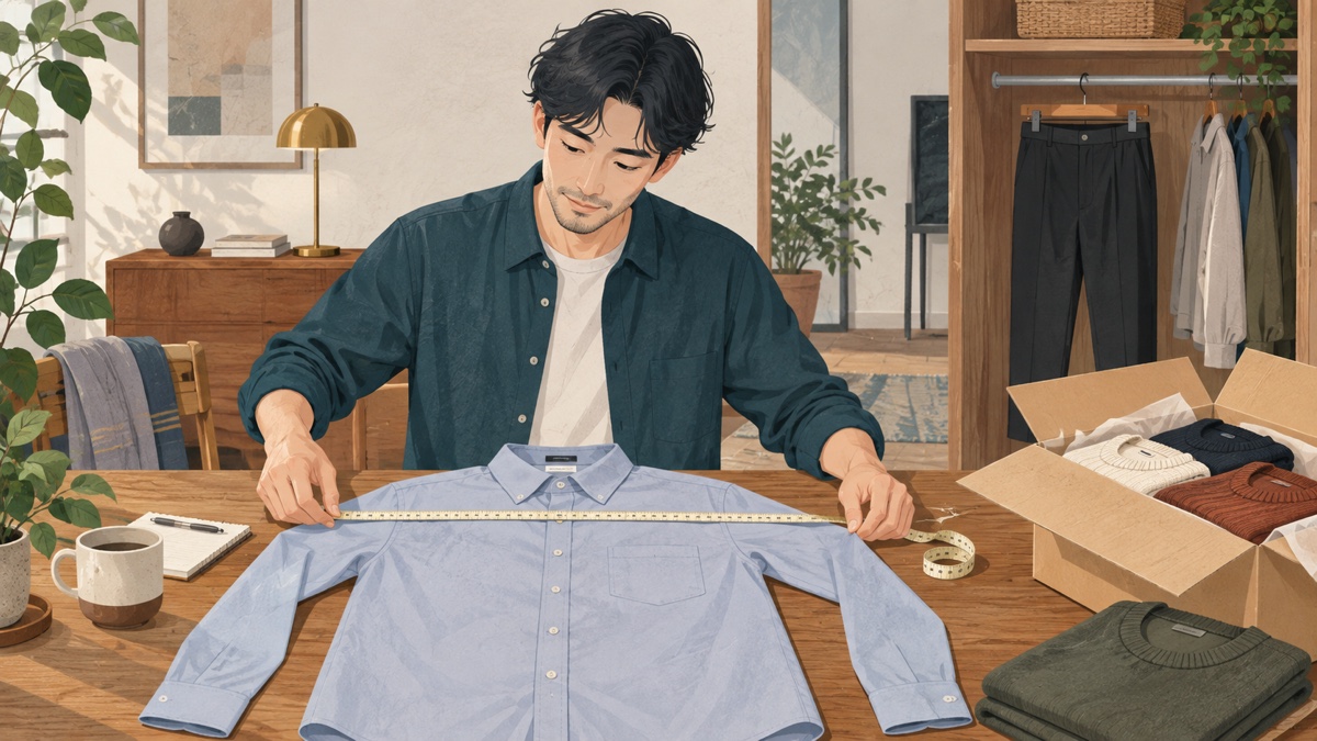 SPUスタイルアップ便のサイズ選びで手持ちの服を採寸する男性