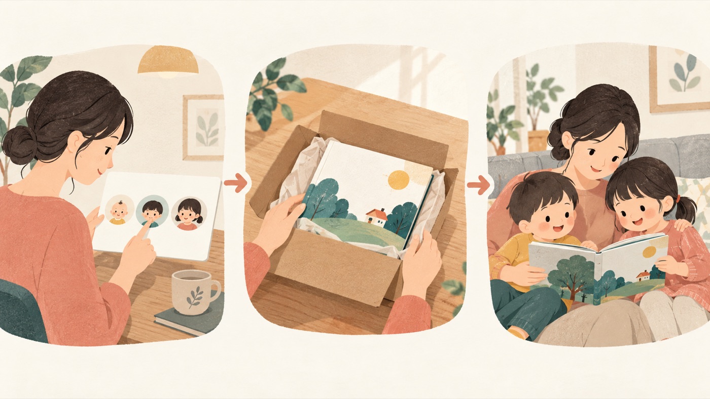 子どもの年齢を登録し、絵本が届いて親子で読むまでの流れを描いた図解