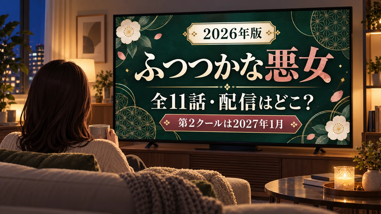 部屋でテレビを見る人物の後ろ姿と、ふつつかな悪女の全11話・配信・第2クール情報を表示した画面