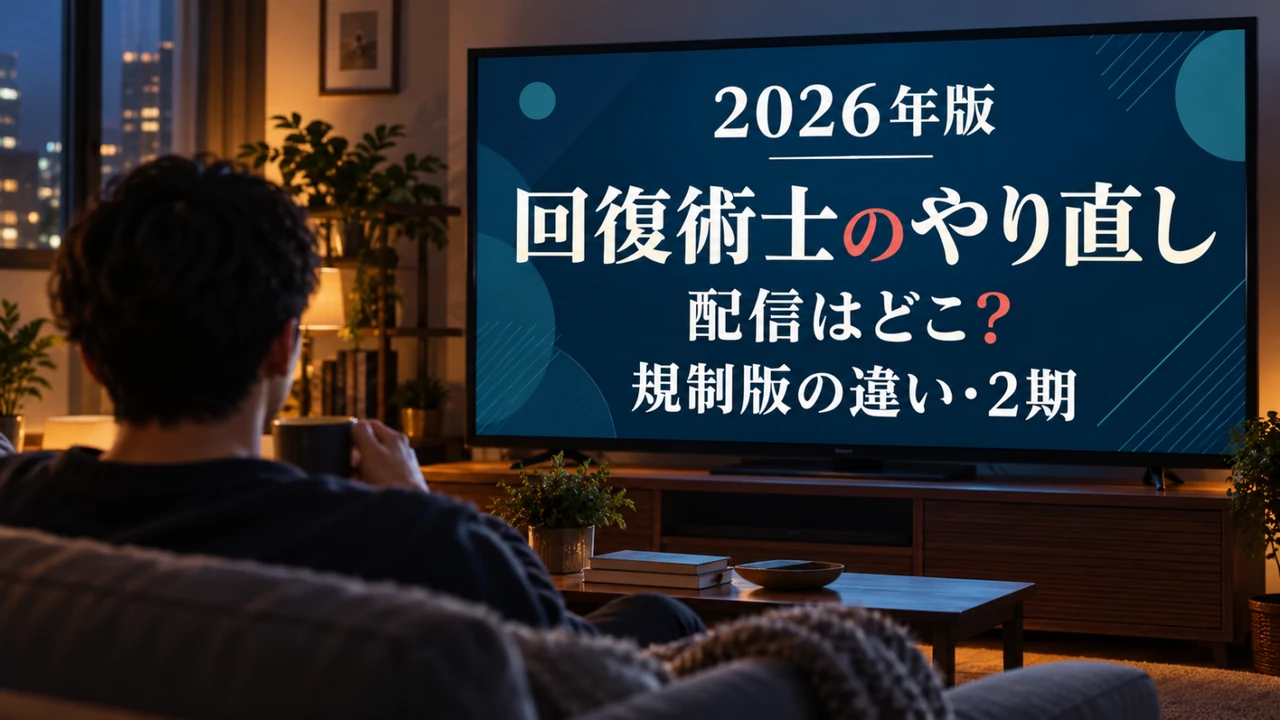 部屋でテレビを見る人物の後ろ姿と、回復術士のやり直しの配信・規制版の違い・2期情報を表示した画面