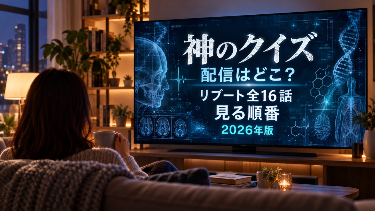 部屋でテレビを見る人の後ろ姿と、神のクイズの配信・リブート全16話・見る順番を表示した画面